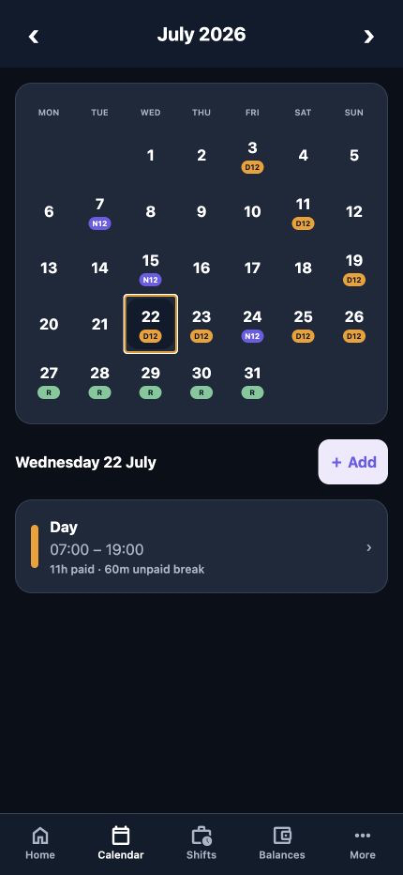 DutyNest monthly calendar with day, night and leave shift codes
