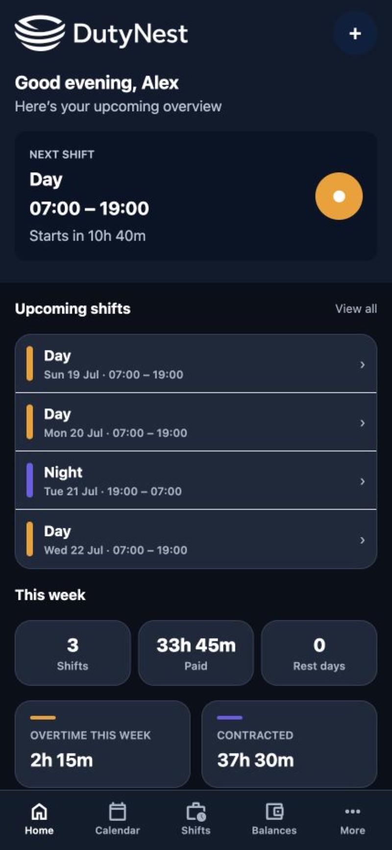DutyNest app home screen showing the next shift, upcoming rota and weekly totals