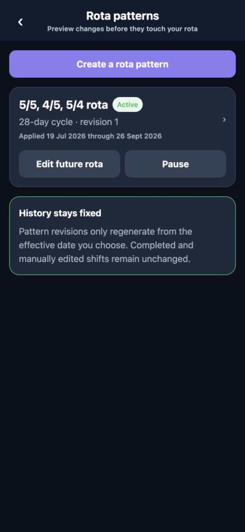 DutyNest rota pattern screen showing an active repeating cycle and protected history